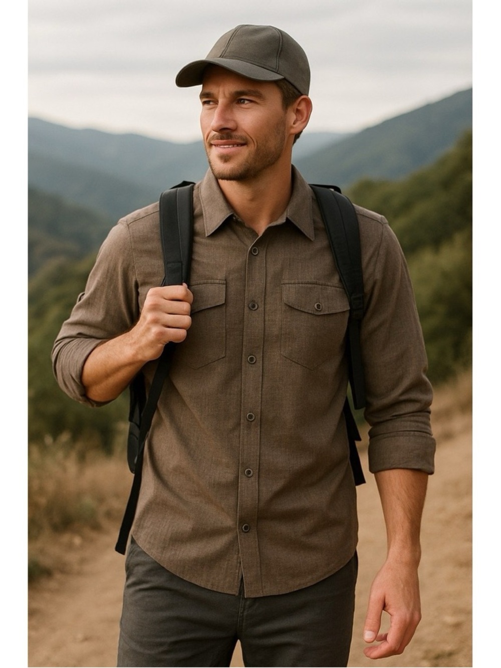 Prana Ascension Shirt Mens Brown Nylon Snap Front Roll Button-Up Shirt